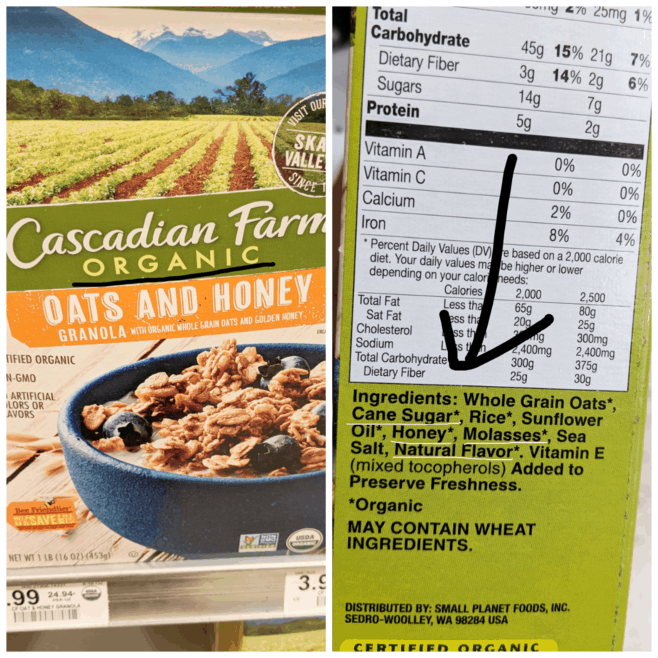 greenwashing cereal organic label shown and then a long list of natural ingredients that are not healthy