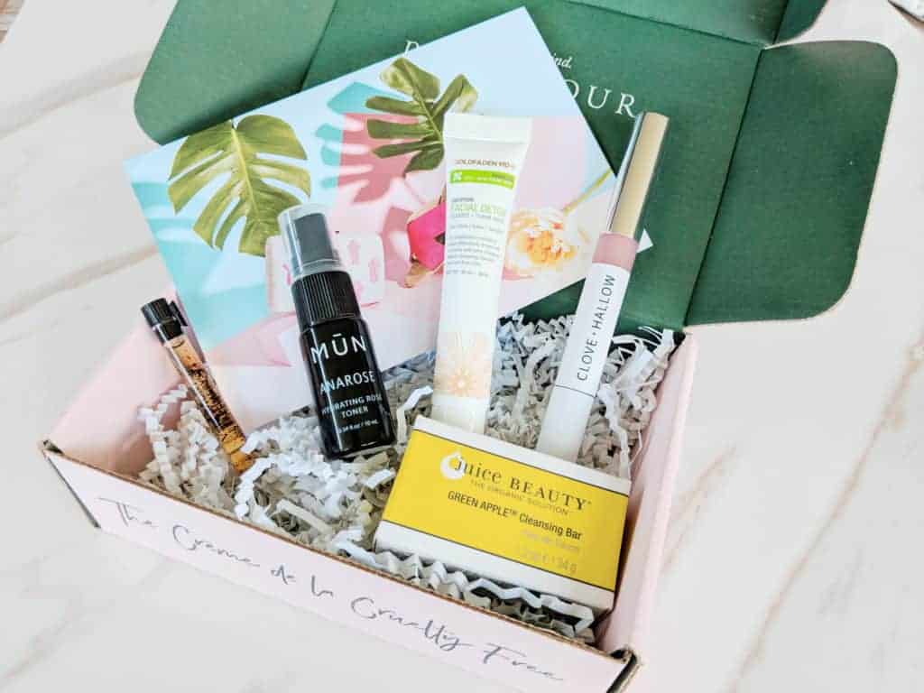 Array of Petit Vour beauty box samples shown in box 