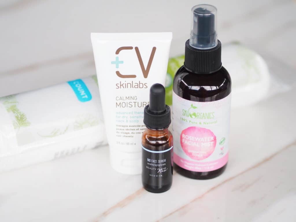 natural skincare routine dry acne prone skin favorites including CV Skinlabs Calming Moisturizer, Skin Organics, and Facial Serums