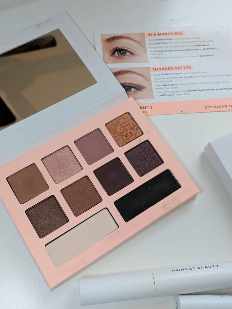 Honest Beauty eyeshadow palette open box on counter with product directions