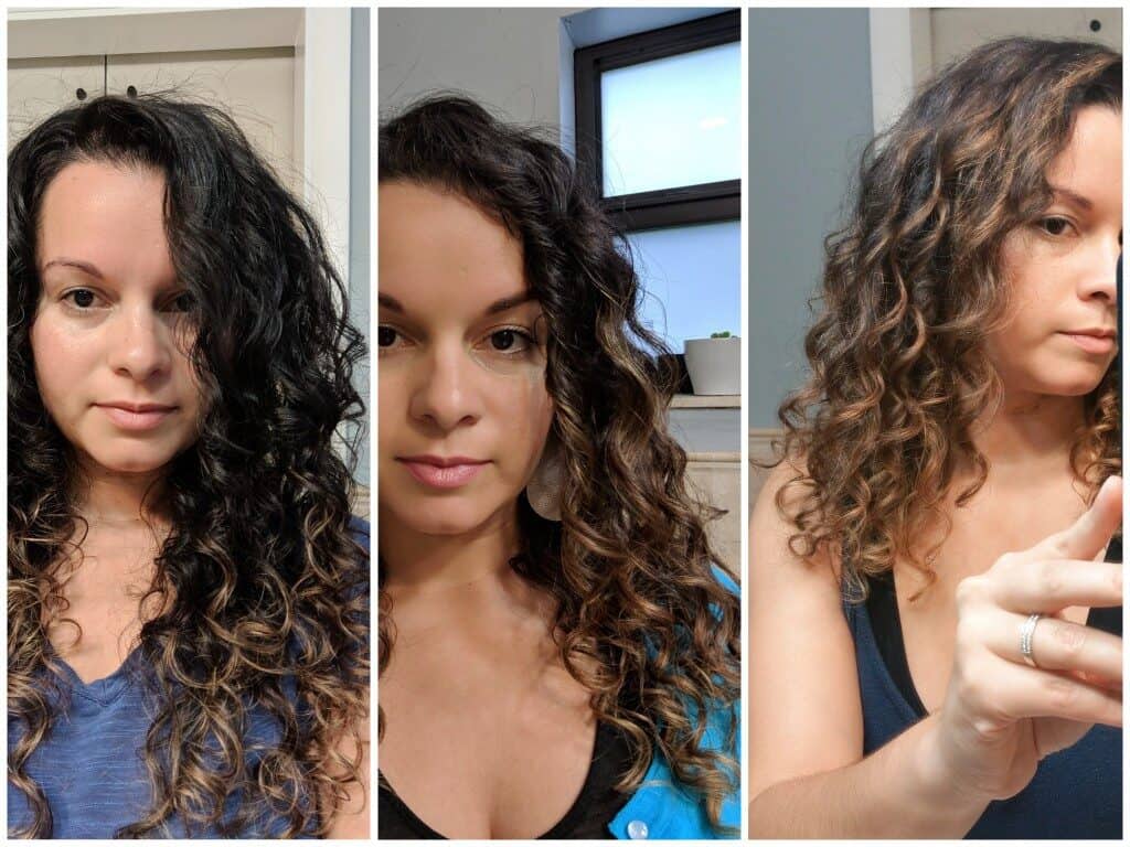 Three photos of Delilah showing scalp massage for hair growth progress over 2 years 