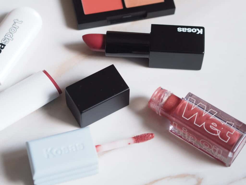 Kosas makeup lip products displayed on counter