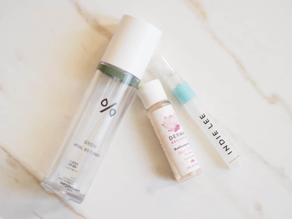Three of Delilah Orpi's best of 2019 favorite natural toners for dry skin pictured on counter