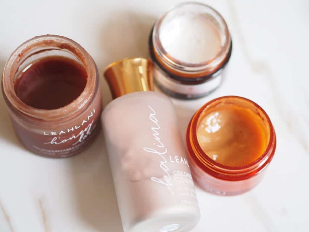 Leahlani Skincare jars and bottle on counter skincare review