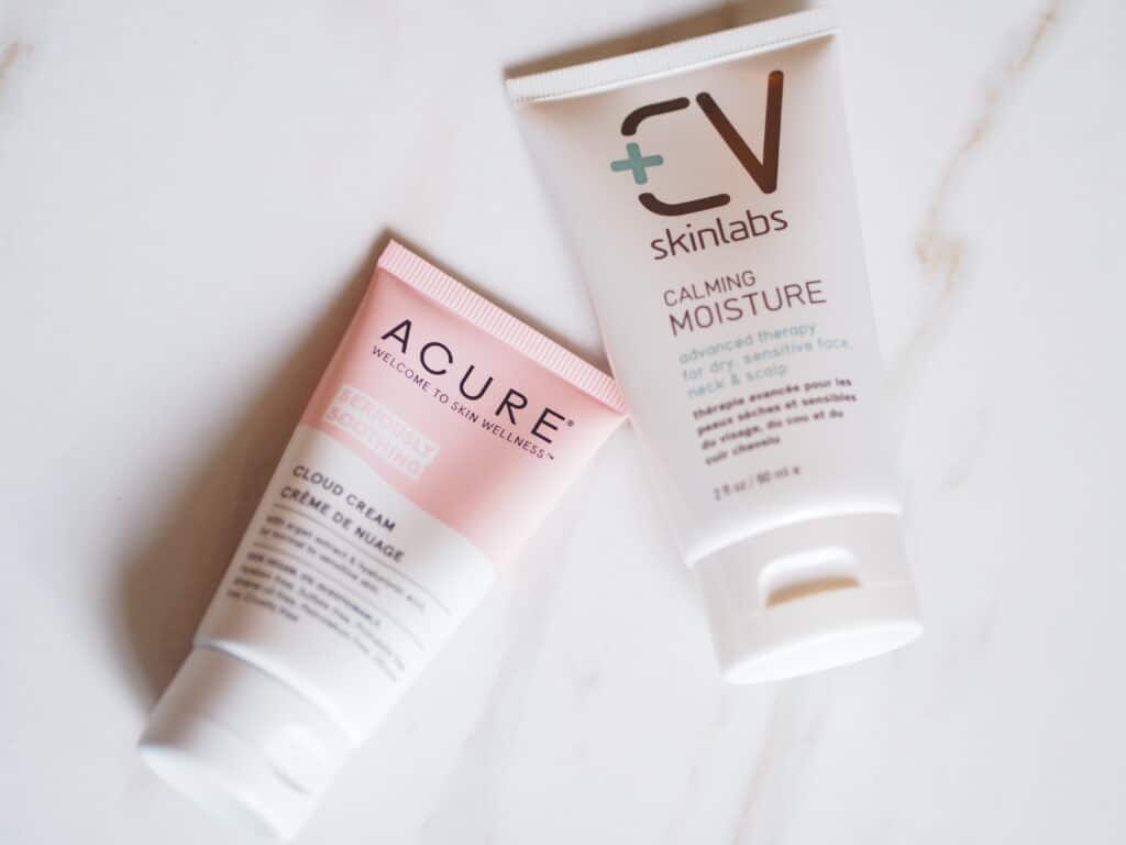 Delilah's favorite skincare product review includes Acure Cloud Cream and CV Skinlabs Calming moisture natural moisturizers for dry skin