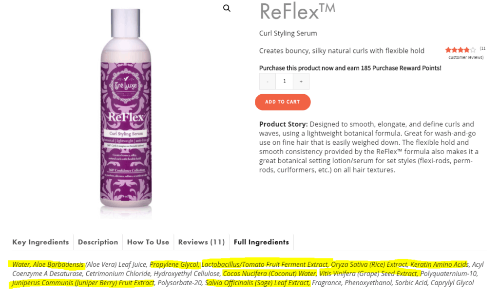 Treluxe brand Reflex lightweight styling curly hair serum and ingredient list highlighting of the top lightweight ingredients in curly hair products
