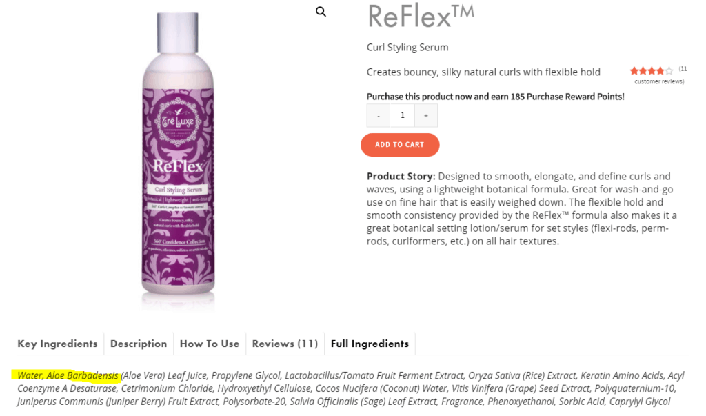 Treluxe brand Reflex lightweight styling curly hair serum and ingredient list with water highlighted