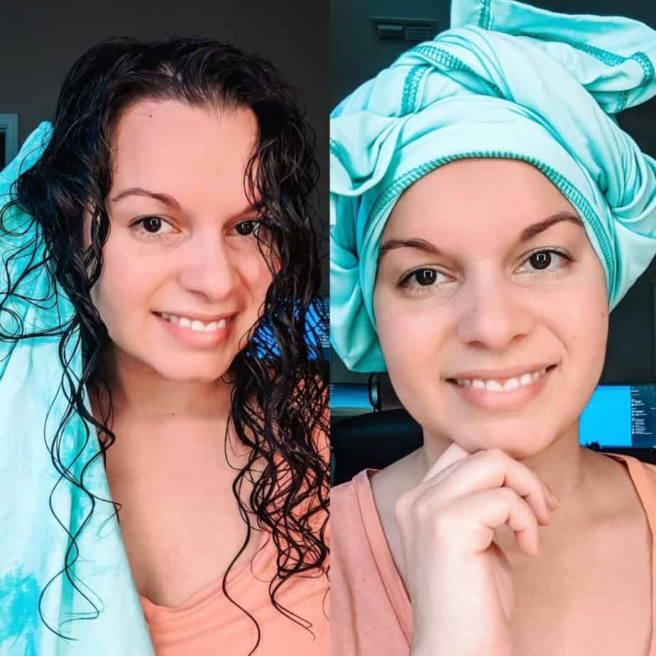 Delilah using curly hair towel for less frizz plopping
