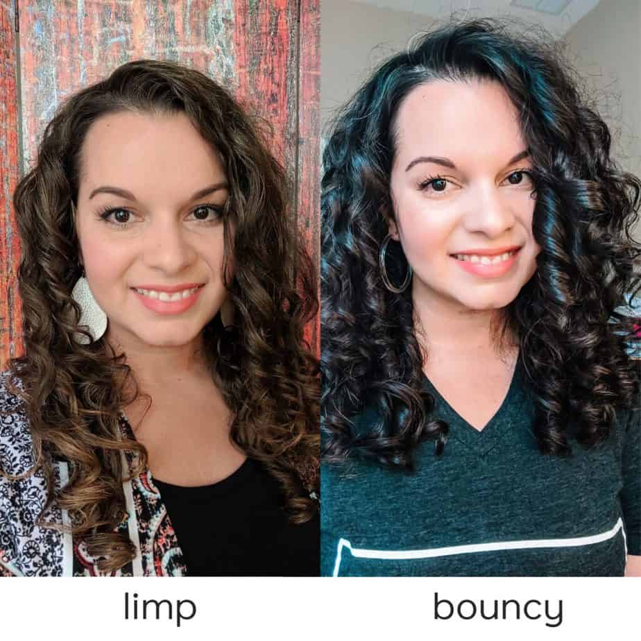 A side by side comparison of Delilah's limp curls versus full and bouncy hair achieved by tracking how different product work for her.