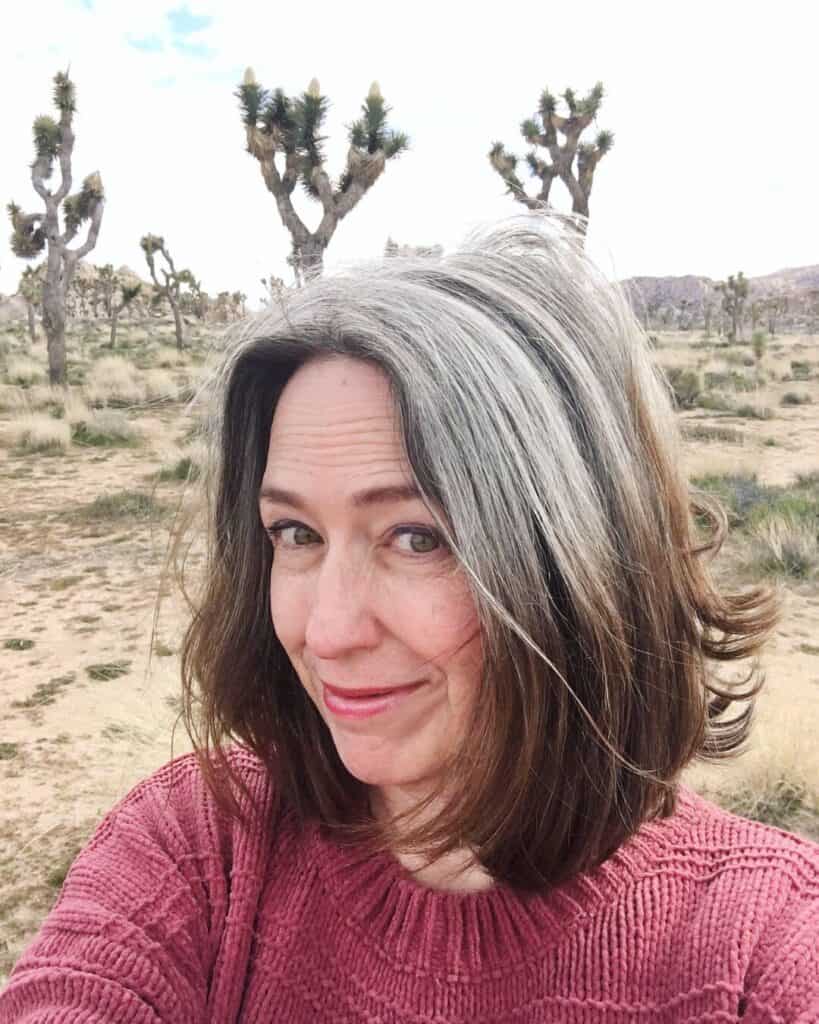 Katie Emery of Katie Goes Platinum shows her experience with ditching the dye and embracing gray hair half gray and have brown