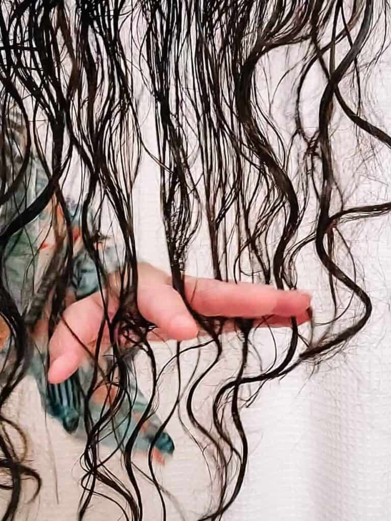 finger detangling wet curly hair that has hair webbing