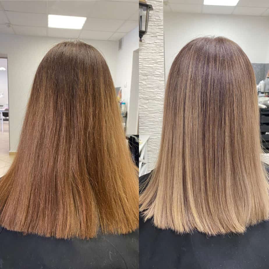 before and after of woman toning brown hair