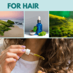 sea moss benefits for hair text overlay on images of sea moss in ocean on a beach and in a glass bottle and woman applying product to hair