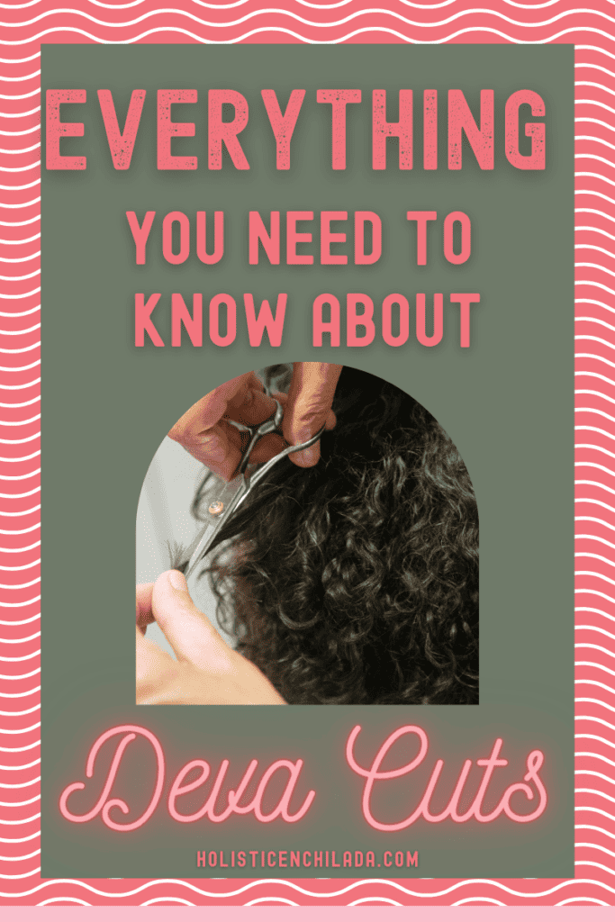 everything you need to know about Deva cuts text overlay on woman's dark hair being cut with scissors