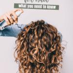 cetearyl alcohol for hair text overlay on image of woman with honey brown hair flipped upside-down spraying a product into her hair